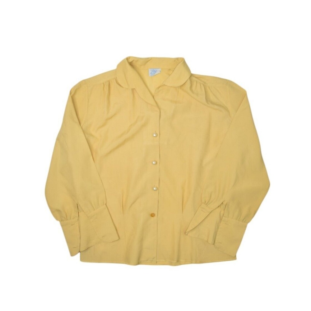 Vintage 60s Shirt Womens Medium Yellow Siltessa Pilot Blouse Ruffle Pearl Button